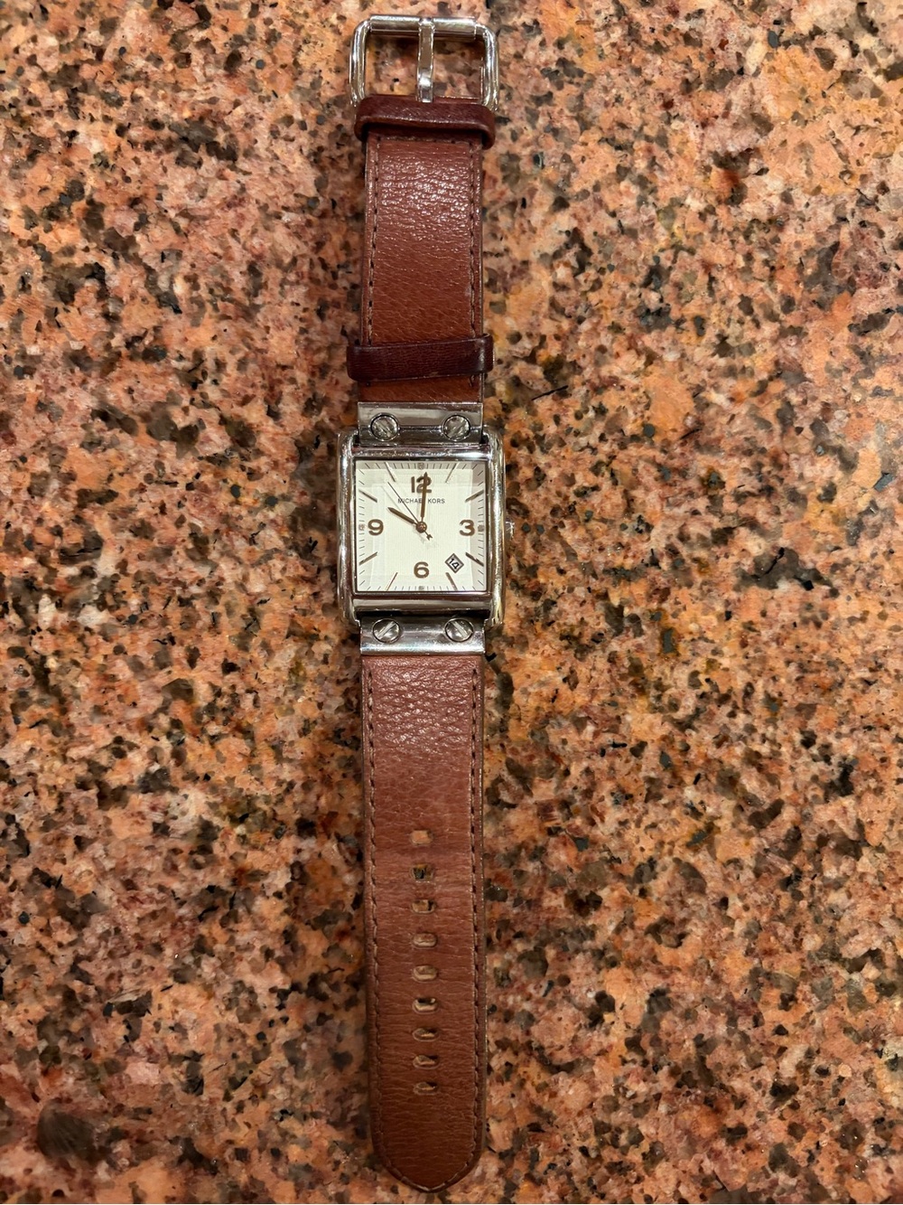 Michael Kors Brown Leather Strap Silver-Tone Square Watch